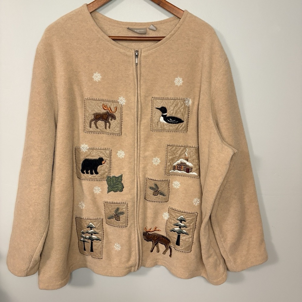 Croft & Barrow Woman Fleece Jacket 3X Cabincore Wilderness Moose Bear Loon Cream